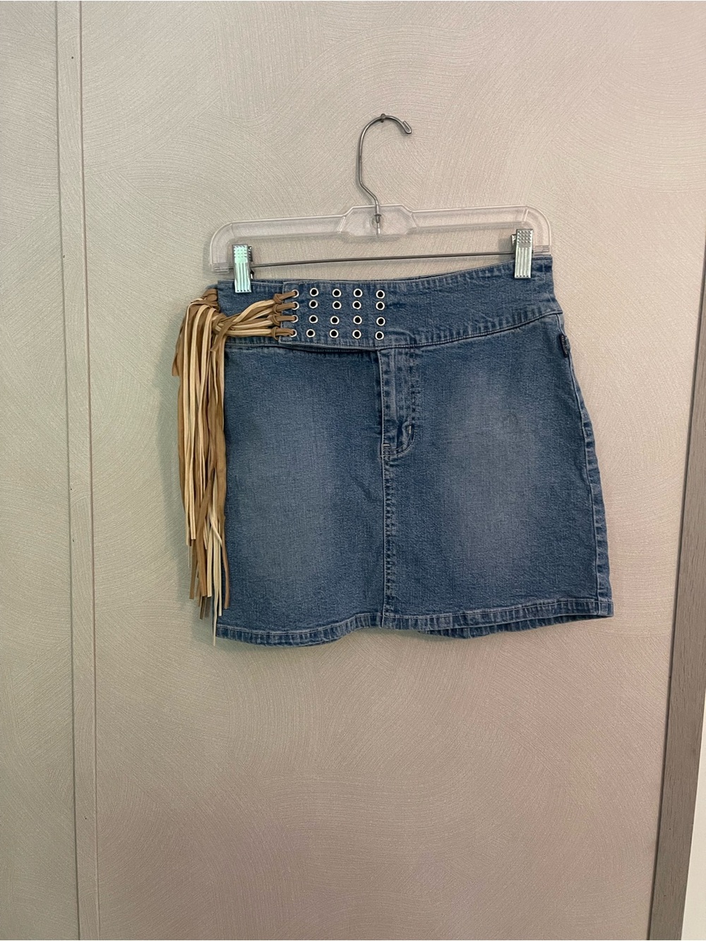 Y2K Vintage REVOLT Denim Mini Skirt 5/6 Lace Up Fringe Western Boho Festival